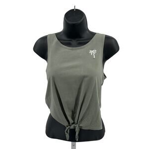 H&M Basic Tank Top Girls 16/18 Green Knotted Hem Cropped Palm Tree Embroidered